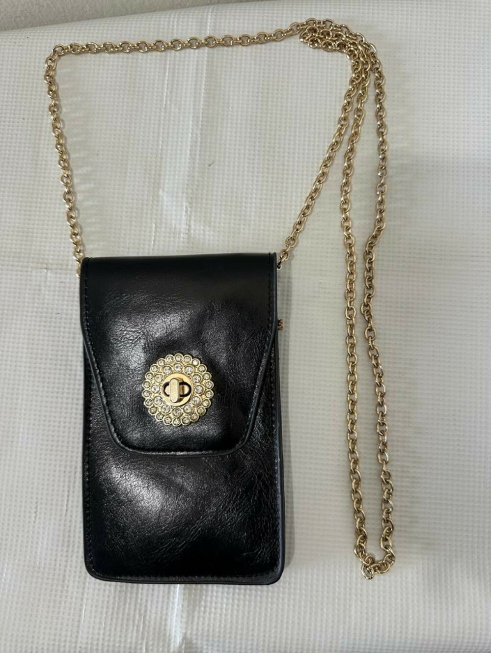 Black Mini Crossbody Phone Purse Pouch Rhinestone Gold Hardware Cross Charm